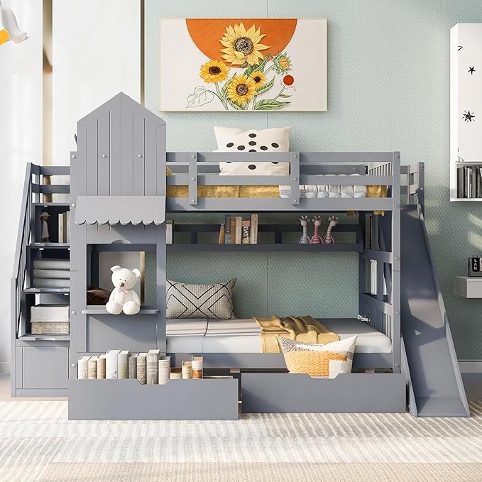 MERITLINE Full Over Full Castle Bunk Bed with Slide,Stairs and Drawers,Solid Wood Floor House Princess Bunk Bed with Storage Shelves (Grey,Full Over Full)