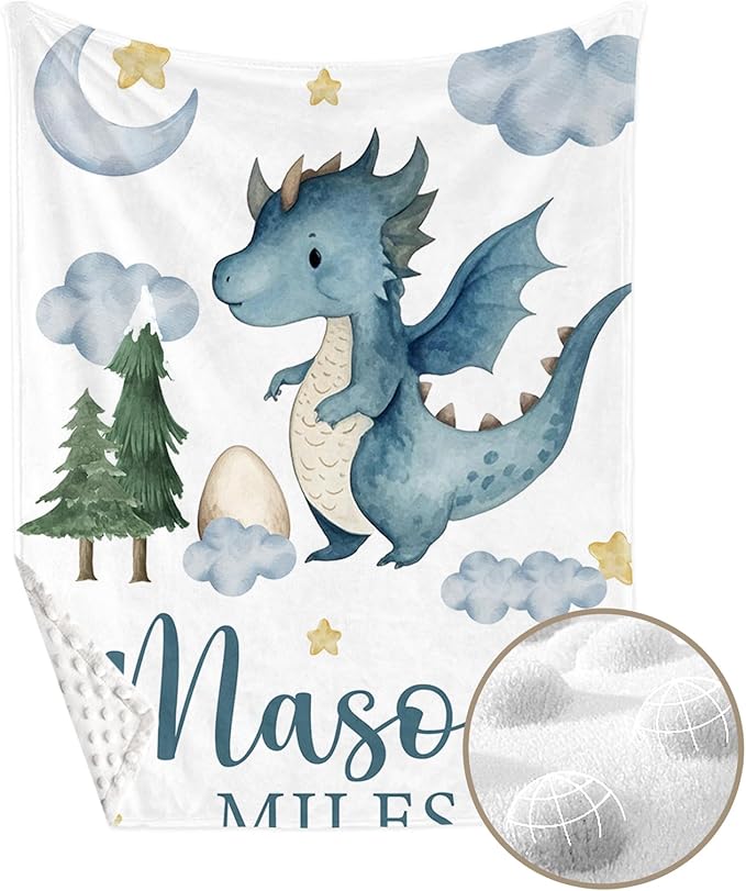Personalized Crib Bedding Set for Boys Girls, Custom Baby Crib Sets with Name, Blue Dinosaur Design Nursery Bedding 2 Piece - Soft Blanket with Double Layer Dotted Backing, Crib Fitted Sheet