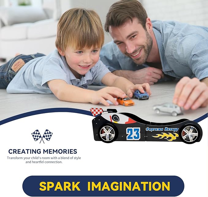 HMFULE Twin Bed Frames for Kids, Wood Race Car-Shaped Bed Frame Platform with Wheels LED Lights & Slat Support for Toddler, Teens, Boys or Girls, No Box Spring Needed (Black)