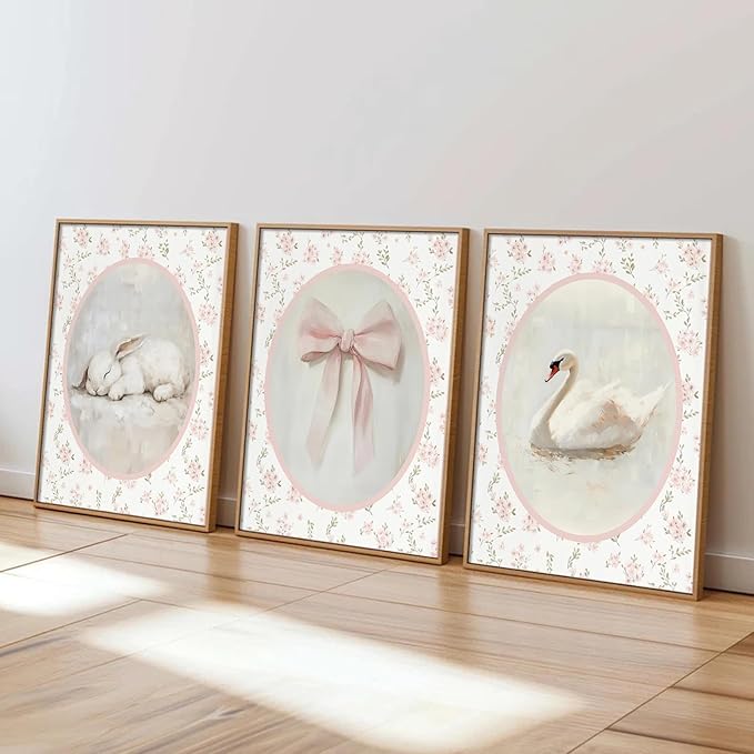 3Pcs Pink Vintage Nursery Wall Art Cute Animal Rabbit Swan Bow Flower Canvas Posters Prints Baby Girl Room Picture Wall Decor for Girls Room Bedroom Decorations Unframed