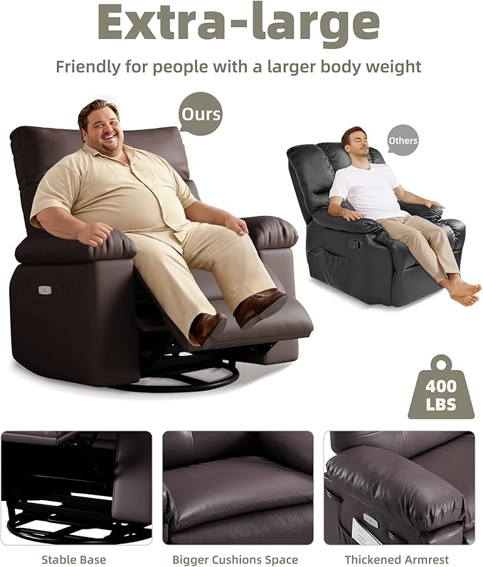 GarveeHome Power Rocker Swivel Recliner Chair - Heat and Massage, PU Leather Electric Glider Rocking Chair with USB Port, Glider Recliner Nursery Chair for Living Room, Bedroom, Nursery