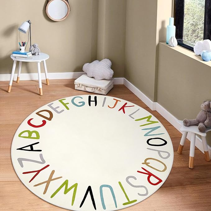 LIVEBOX ABC Play Room Round Kids Rug,Large Colorful Rug for Nursery, Rainbow Area Rug for Classroom, Circle Washable Rugs Educational Alphabet Carpet for Playroom Dorm Bedroom(71",Multi Color)