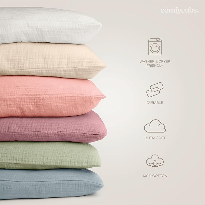 Comfy Cubs Toddler Pillow with Muslin Pillowcase, 13 x 18 in, 2 Pack - Travel and Sleep Support for Kids - Lightweight, Breathable Microfiber Fill - Soft and Cozy Small Pillow for Toddlers - White