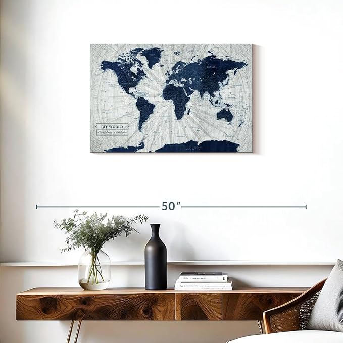 ElephantStock - My World Push Pin Map V Wall Art - Horizontal Canvas Wall Art - Living Room Wall Decor - Unique Map Canvas Art - Gray And Blue Decor - 30" x 20"