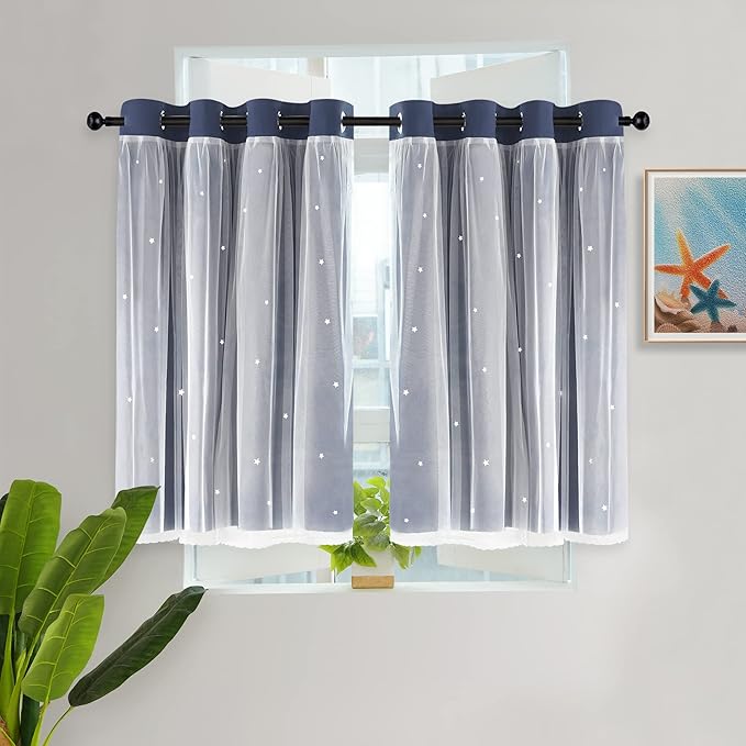 Kinryb Kids Blackout Curtains for Bedroom/Living Room/Classroom, Sheer Overlay Small 2 Panel Set, Double Layer Curtains with Star Cutout for Kids Room(W 52 x L 45 Inches,Stone Blue 2 Pcs)