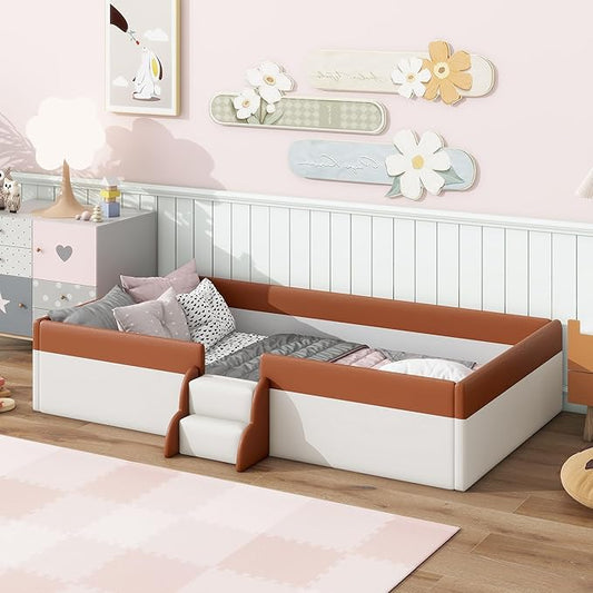 Twin Size Upholstered Daybed Frame with Fence and Stairs, Montessori Kids Floor Bed with Sturdy Slat Support for Kids Boys Girls (Brown+Twin)