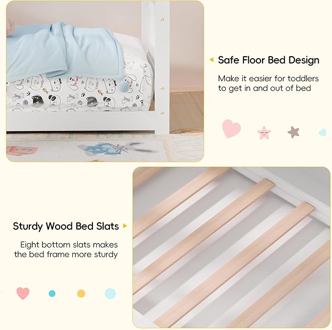 Twin House Bed, Montessori Floor Bed with Headboard & Footboard, Solid Wood Bed Frame for Toddlers Teens Bedroom, No Box Spring Needed, White