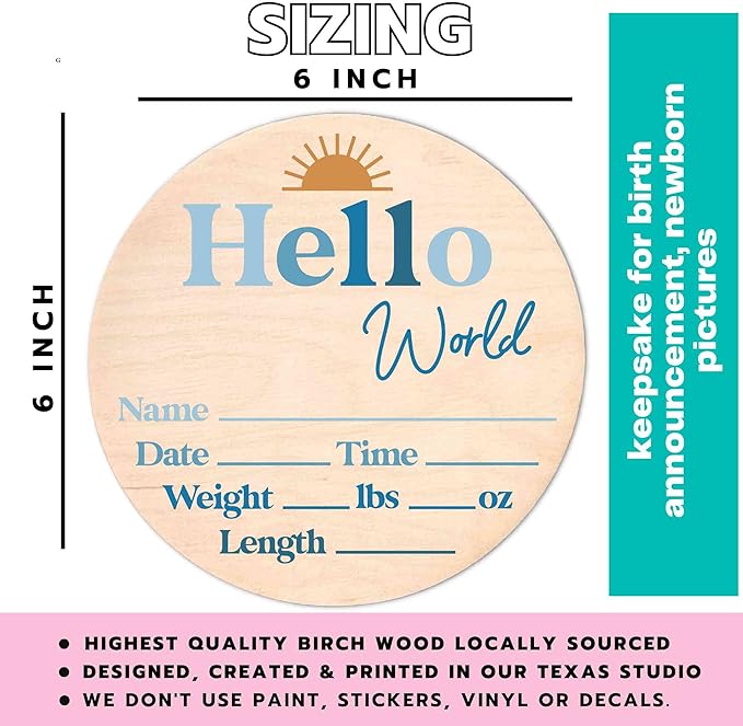Hello World Newborn Sign - Baby Name Birth Announcement Plaque for Hospital - Photo Prop - Nursery Decor - Shower Gift