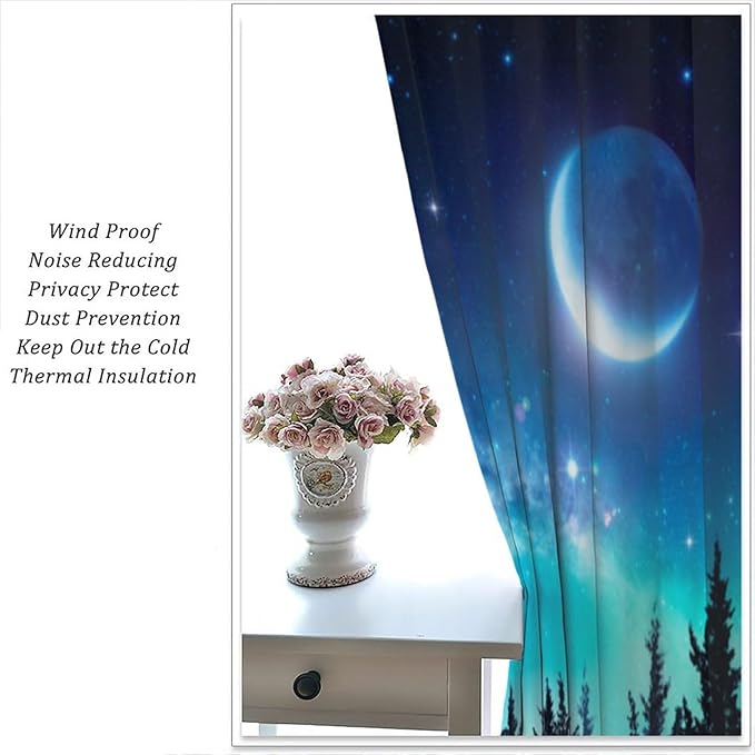 Galaxy Forest Blackout Curtains, Night Starry Sky Stars Moon Aurora Borealis Window Drapes for Bedroom Living Room Home 72" W X 63" L