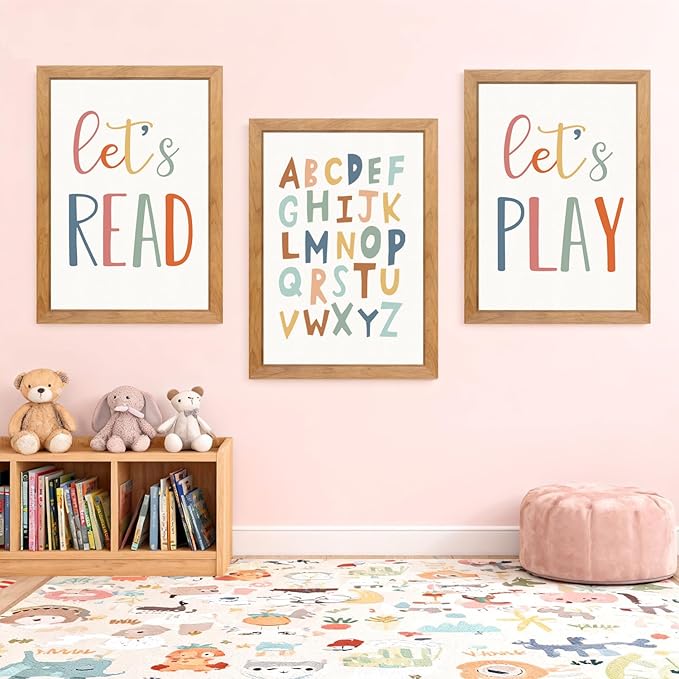 3 PCS Alphabet Framed Playroom Wall Decor,Classroom Must Haves Boho Educational ABC Poster Wooden Sign for Baby Girl Kid Boy Toddlers,Neutral Preschool English Letters Nursery Decor for Homeschool Kindergarten Kids Learning Natural