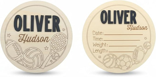 352 Mercantile Personalized Sports Theme Baby Name Sign Set, Wooden Birth Stat Plaques, 6", 7" or 8" sign, 2-Piece Bundle with 3D Raised Letters, Nursery Wall Decor (BUNDLE NAME + STAT SIGN)