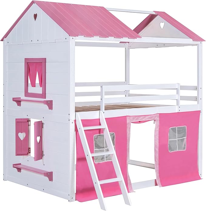 Twin Size House Bunk Bed with Elegant Windows and Sills, Solid Wood Tent Bed Frame with Guardrails for Kids Teens Boys Girls, Versatile Spacious Under Bed Space with Curtains (Pink+White T)