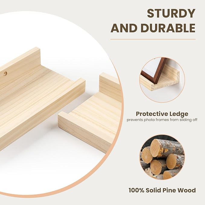Fun Memories Picture Ledge Shelf, Pine Wood Floating Shelves Set of 2, 55 inch Nursery Book Shelves, Photo Ledge Book Shelves Wall Mounted for Living Room Kids' Room Bedroom - Natural
