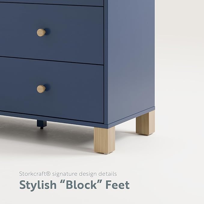 Storkcraft California 3 Drawer Combo Dresser (Midnight Blue with Driftwood) – GREENGUARD Gold Certified, Interlocking Drawer System, Pre-Installed Drawer Tracks for Easier Assembly, Spacious Cabinet