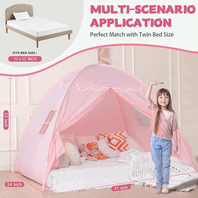Full Size Bed Canopy for Kids：Girls Bed Tent Dream Privacy Sleeping Tents Indoor - Toddler Under Bunk Pink Tent - Girls & Boys Bedroom Privacy Space Sleeping Tents Gifts (Large Pink)