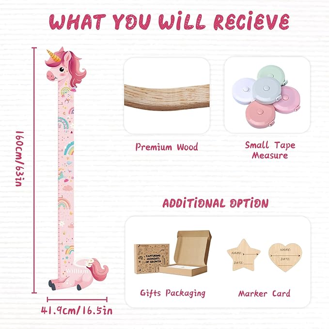 Personalized Name Growth Chart for Kids, Unicorn Wooden Wall Decor Growth Chart, Wall Decor for Kids Room,Wall and Nursery Medical Office Toddler Playroom 63" x 16.5"