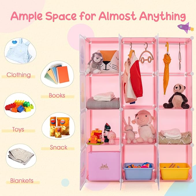 INFANS Children Wardrobe, Kid Closet Portable Baby Dresser Cute for Kids Bedroom Nursery Armoire with Doors 12 Cube 2 Hanging Sections, Kid Clothes Storage Organizer (Pink, 12 Cubes)
