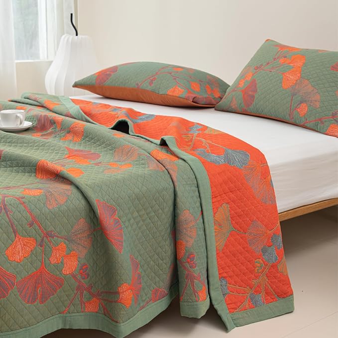 100% Cotton Muslin Blanket Jacquard Green Orange Floral Ginkgo Leaves Quilt, Soft Bed Cover Lightweight Breathable Gauzy Reversible Bedspread Coverlet Twin(59"x94"), No Pillow Sham