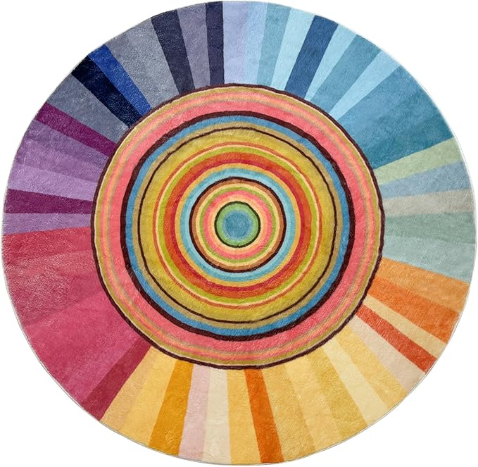 Kids Rug 6Ft Round Girls Bedroom Carpet Colorful Circle Sun Rug Rainbow Nursery Mat Modern Abstract Playroom Bedside Area Rug for Children Indoor Home Decor