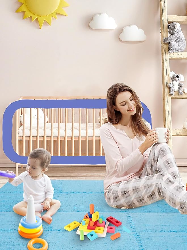 12 pcs Thickened Plush Foam Interlocking Floor Mats, Foam Mats for Floor Baby with Edgings, Soft Anti-Slip Square Foam Tiles, Puzzle Area Rug Playmat for Room Flat (11.8", Blue)