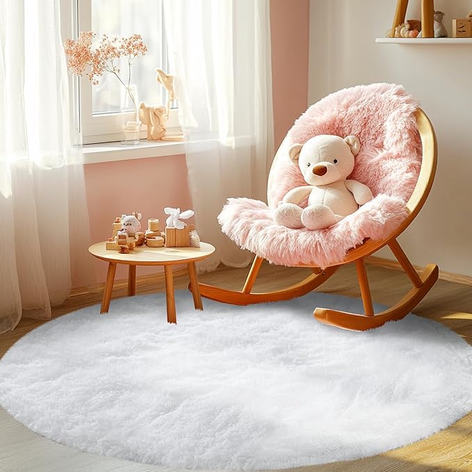 CAIYUECS White Round Rug for Bedroom: 5x5 Feet Soft and Fluffy Area Rug for Living Room- Circle Furry Plush Rug for Kids Room, Dorm- Fuzzy Rugs for Living Room, Home Decor (5ft, White)