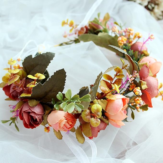 DDazzling Flower Girl Crown Bridal Flower Crown Pregnant Woman Photo Prop (Green and Orange)
