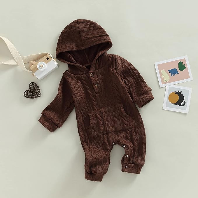 Infant Boys Girls Knit Sweater Romper Baby Toddlers Long Sleeve Hooded Button Up Winter Outfits with Pocket