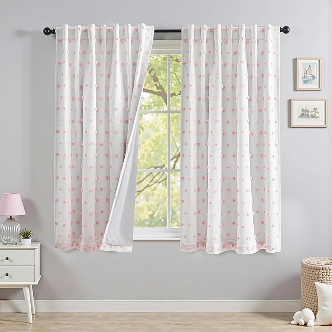 MYSKY HOME Pink Pom Pom Blackout Curtains for Girls Bedroom 63 Inch Long 100% Room Darkening Curtain for Kids Room 2 Panels Small Window Treatment Back Tab 2 Layered Drapes Toddler 52W x 63L