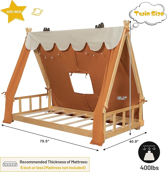 Montessori Floor Bed Twin with Tent & Light, Wood Twin House Beds for Kids, DIY Playhouse, Low-Profile Teepee Bed, Playful Indoor Adventure & Sleep for Girls Boys,Natural+Brown