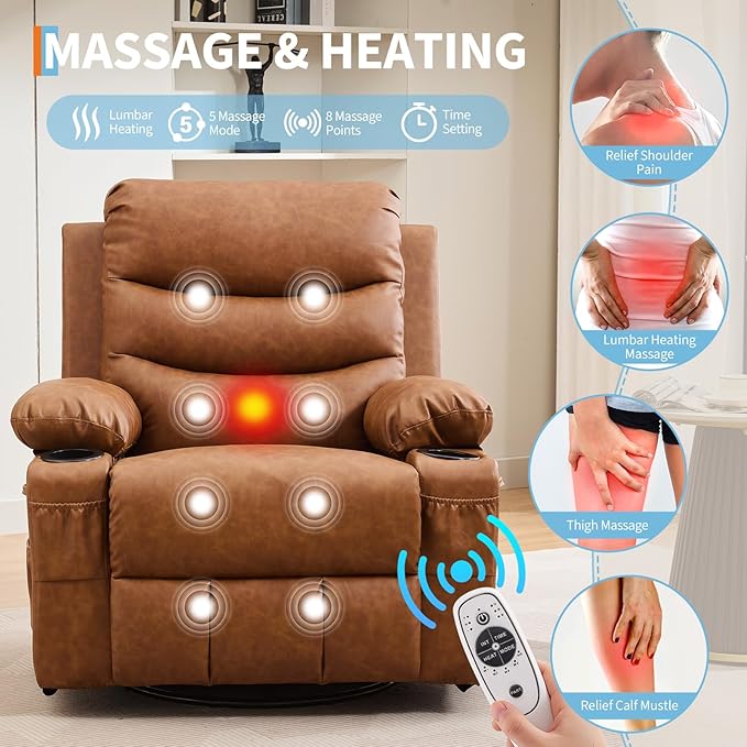 Leather Recliner Chair Nursery, Oversized Manual Reclining Rocking Chair, 360 Swivel Glider with Cup Holder, Massage and Heat Recliner, Small Sofa Chairs for Adults, Living Room, RV, Bedroom, Brown