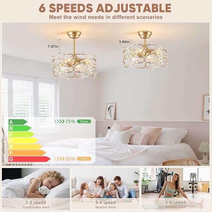 Gold Fandelier Ceiling Fan with Light and Remote Control Modern Crystal Flower Chandelier Ceiling Fan for Girl's Bedroom，Nursery，Living Room（Caged Enclosed 6 Speeds Height Adjustment）