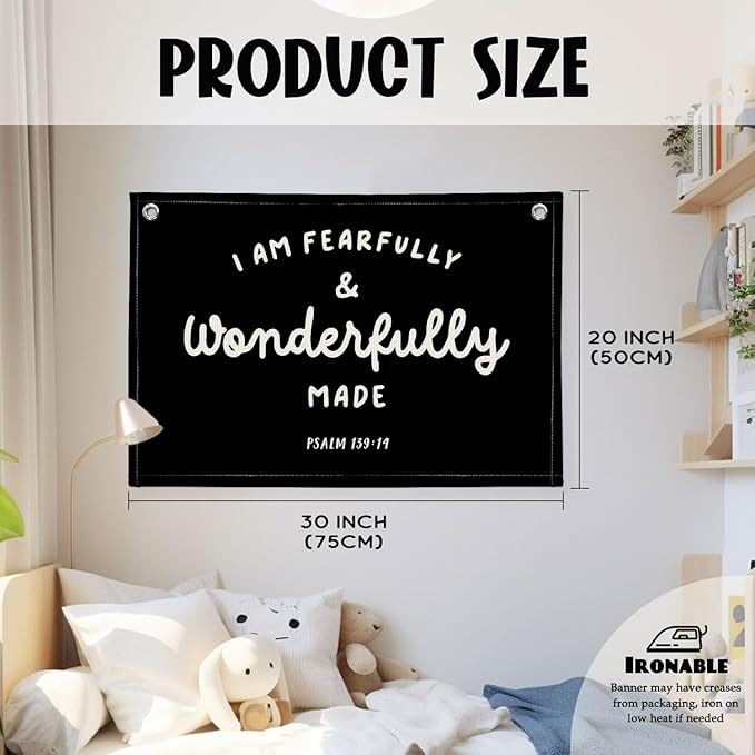 Kids Room Decor - Bible Verse Wall Hanging, 'I am Fearfully and Wonderfully Made' Linen Banner, Canvas Decoration for Classroom, Nursery - Black