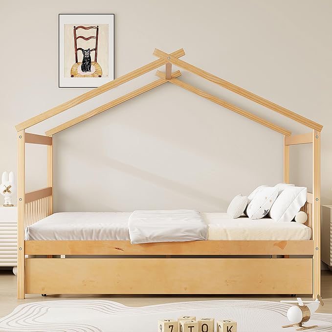 Harper & Bright Designs Full House Bed for Kids, Wood Montessori Beds with Trundle, Full Platform Bed Frame with Roof, Playhouse Bed for Kids,Teens, Bedroom, Natural