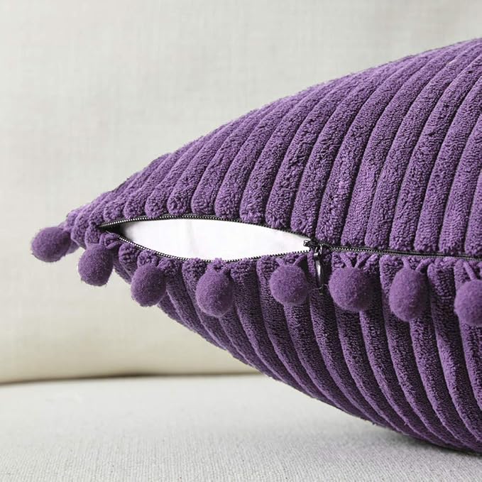 Fancy Homi Pack of 2 Boho Lumbar Decorative Throw Pillow Covers with Pom-poms, Soft Corduroy Solid Rectangle Cushion Cases Set for Living Room Couch Sofa Bedroom Car (12x20 Inch/30x50 cm, Purple)