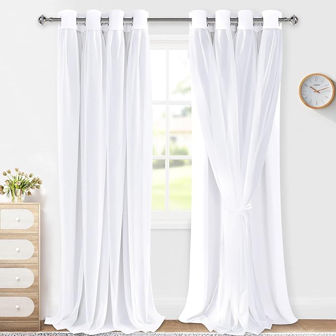 XWZO White Double Layer Curtains, 100% Blackout Curtains with Sheer Overlay for Nursery, Living Room, Children's Room, Grommet Thermal Insulated Privacy Curtains with Tiebacks, 2 Panels, 52x108