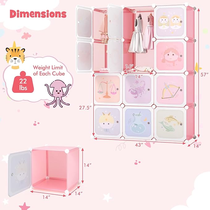 HONEY JOY Kids Wardrobe Closet, Baby Cartoon Clothes Storage Organizer, 12 Cubes & 2 Hanging Sections, Portable Children DIY Modular Bedroom Armoire Dresser Cabinet for Boys Girls (Light Pink)