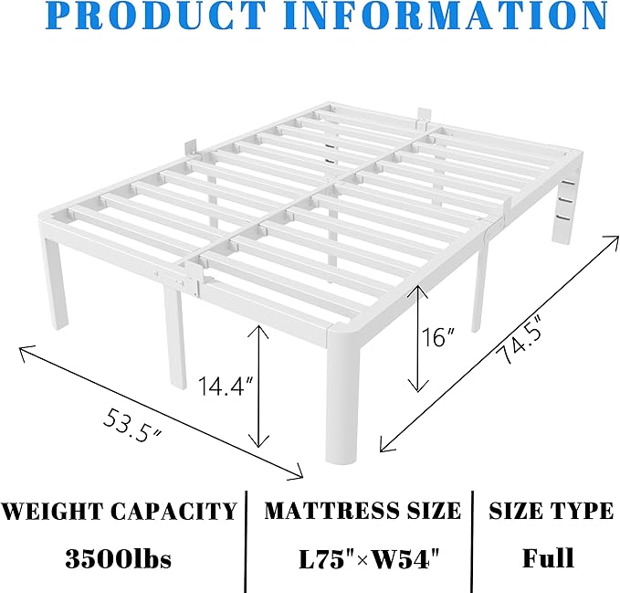 Full Size Bed Frame 16 Inch, White Full Bed Frame with Anti-Slip Baffles, No Box Spring Needed, Heavy Duty Steel Platform Supprt, Rounded Corner Design, Reserved Holes, Noiseless, Storage Space