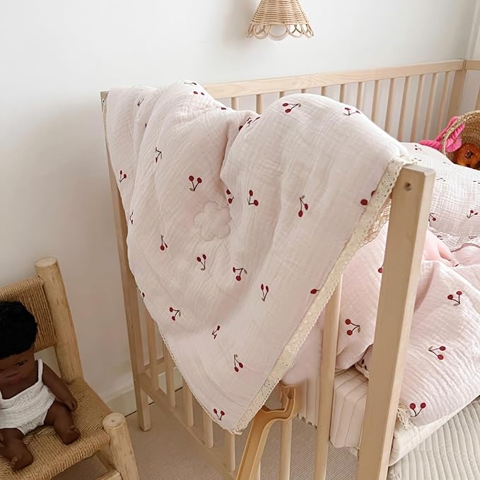 BuLuTu 1 Piece Baby Toddler Muslin Quilt Blanket 47x59 Inches, Crib Comforter Cute Cherry Print Quilted Blankets for Boys Girls Toddler Comforter, Soft Breathable, Machine Wash