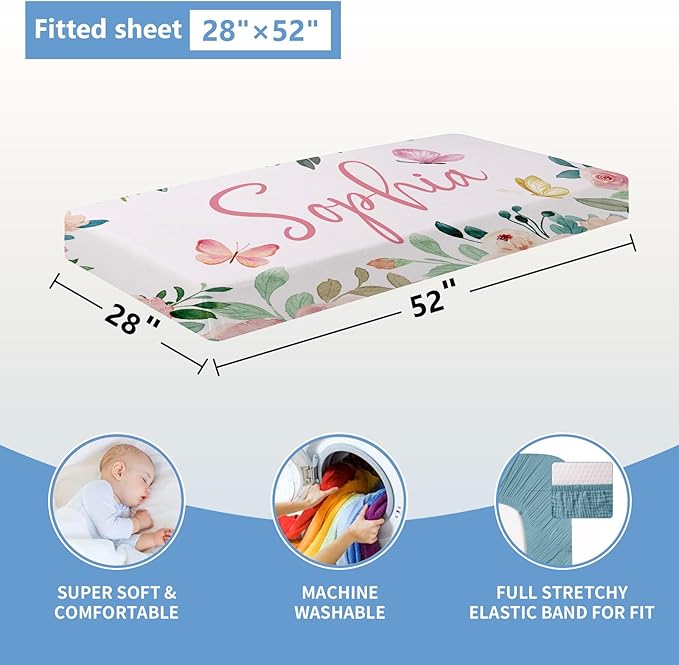 Personalized Crib Set, 5 Pcs Custom Baby Crib Sets with Name, Double Layer Butterfly Nursery Bedding Set for Girls, Soft Flannel Bedding Set, Toddler Infant Customized Gift