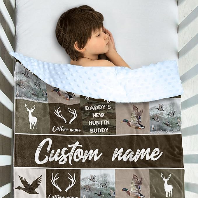 Personalized Baby Blanket with Name – Ducks Antlers Pattern Soft Receiving Blanket for Newborn Boys, Custom, Hunting Theme Nursery Decor for Toddlers