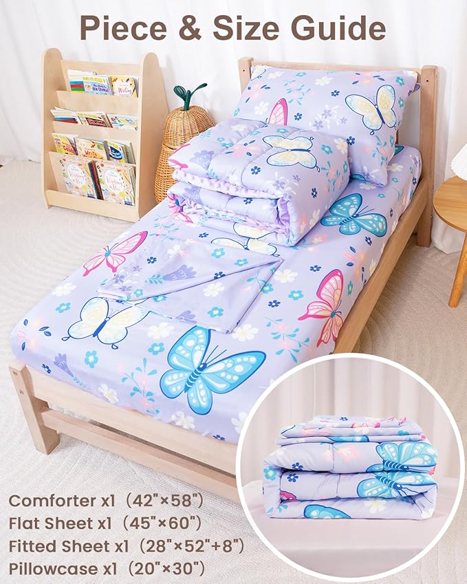 TinyPalsa Butterfly Toddler Bedding Set, 4-Piece Comforter Set for Girls and Boys, Breathable Crib Bedding Includes Ultra-Soft Plush Minky Comforter, Flat and Fitted Sheets, and Reversible Pillowcase