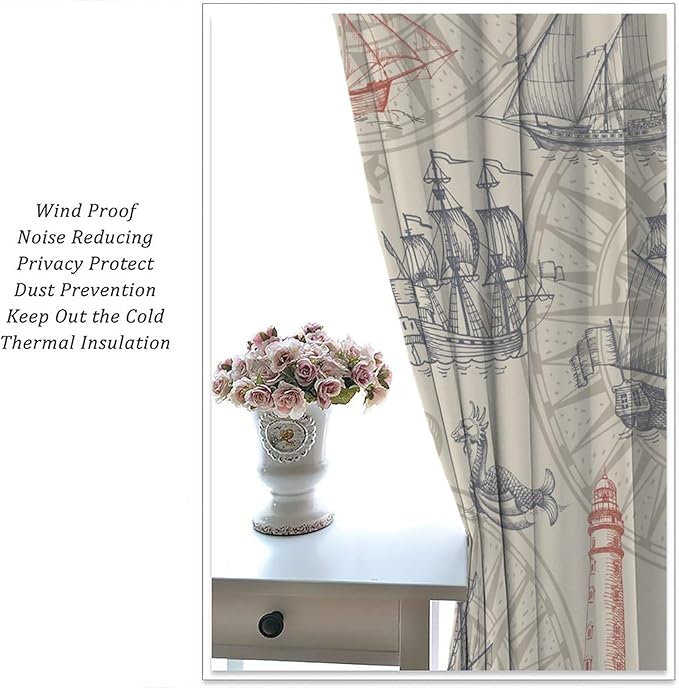 Abstract Nautical Curtain Set Seahorse Curtain for Kids Yellow Polyester Fabric Bedroom Curtain Set 2 Panels,84x84 Inches