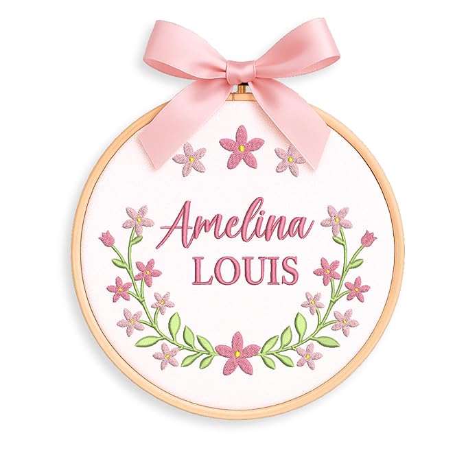 Personalized Baby Name Sign Welcome Baby Announcement Sign Newborn Baby Embroidery Hoop with Bows Baby Hospital Name Sign Custom Infant Baby Name Baby Shower Gifts (02)