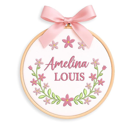 Personalized Baby Name Sign Welcome Baby Announcement Sign Newborn Baby Embroidery Hoop with Bows Baby Hospital Name Sign Custom Infant Baby Name Baby Shower Gifts (02)