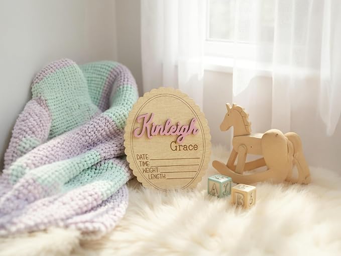 Personalized 3D Baby Name Sign with Floral Design, Scallop Engraved Birth Announcement Plaque, Baby Shower - Newborn Keepsake (Stat Sign)