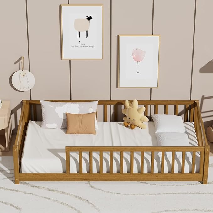 LLS Twin Floor Bed for Kids Toddlers, Solid Wood Multifunctional Montessori Bed Frame with Safety Guardrails, Without Door, Easy Assemble,Light Espresso