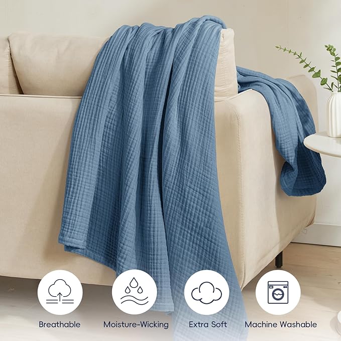 PHF 100% Cotton Muslin Blanket Twin XL Size 66"x90", 4-Layer Lightweight Gauze Throw, Breathable Cloud-Soft Minimalist Blanket for Bed, Couch, Camping & Baby, Denim Blue, Ideal Gift