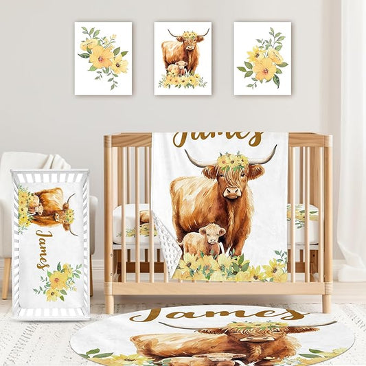 Custom Baby Crib Bedding Set,Personalized Name Yellow Flower Highland Cow Nursery Bed Set 4 Piece,Baby Blanket Fitted Sheet Nursery Rug Wall Art Set,Custom Room Decor Idea Gift for Newborns Boys Girls