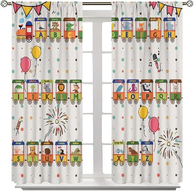 Alphabet Train Kids Curtain Animals Alphabet Children Teens Early Learning Printed Rod Pocket Blackout Window Treatments for Classroom Bedroom Nursery Playroom 72" W X 63" L