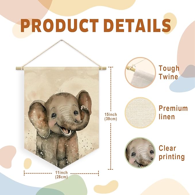 Safari Nursery Decor, Elephant Watercolor Wall Art Canvas Banner, Woodland Nursery Decor, Watercolor Animal for Toddler Room, Elephant Canvas Hanging Pennant Flag Banner, Gift for Baby Girl Boy